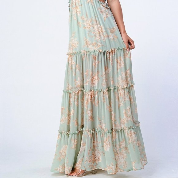 Sage Floral Cut out sides Lace up Vintage look Tan Green Maxi dress size Small - Picture 6 of 8